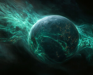 Poster - A glowing digital illustration of Earth with dynamic neon green flowing lights representing interconnected networks, global data, and the digitalized world in a futuristic concept.