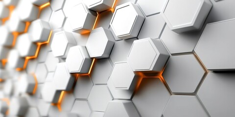 Poster - White hexagons creating abstract futuristic background with orange lights