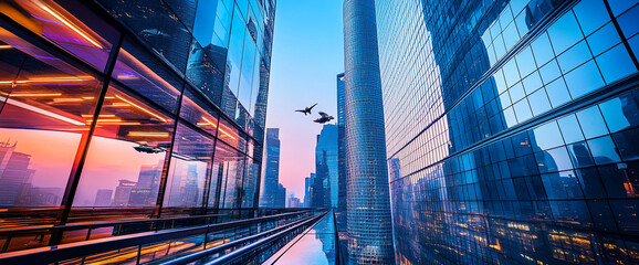 Aufkleber - Modern skyscraper buildings with glass windows reflecting the vibrant colors of the sunset, creating a dynamic city skyline with futuristic flying vehicles.