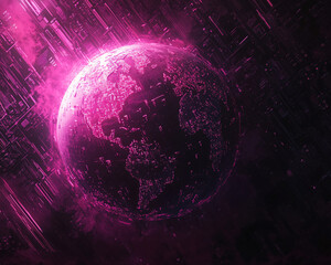 Aufkleber - A futuristic digital planet glowing in pink surrounded by neon grids, representing advanced technology, cyberspace, and the intersection of virtual and real worlds.