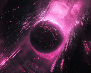 Leinwandbilder - A digital planet glowing in bright pink, surrounded by neon grids and abstract shapes, symbolizing futuristic technology, cyberpunk style, and advanced virtual worlds.