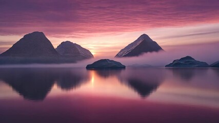 Wall Mural - Dramatic sunrise over serene mountains reflected in calm waters with mist and vibrant hues