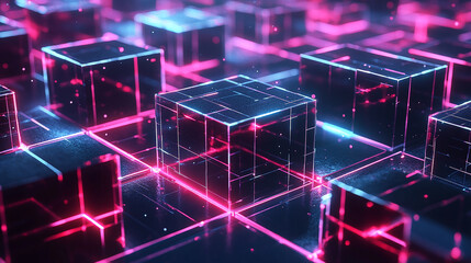 Poster - Abstract glowing neon cubes form a futuristic pattern, suggesting technology, networks, and interconnected systems. Digital art with vibrant lights.