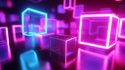 Poster - Vaporwave cubes glowing with neon colors. Abstract 80s inspired graphic. Rendered cubes emitting blue and pink hues. Retro wave aesthetic background.