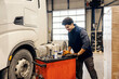 © Dusan Petkovic - Diverse repairman pushing tool box near truck at auto mechanic workshop.