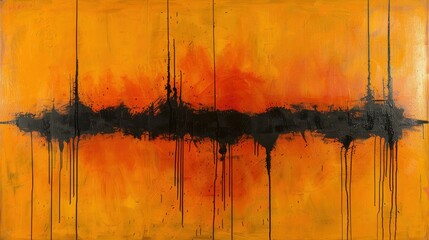 Poster - Dynamic black strokes rise sharply on a bright yellow background forming an abstract scene that hints at skyscrapers. The vibrant colors create a powerful sense of energy and movement.