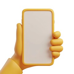 Poster - 3d icon Cartoon hand gripping modern mockup Yellow smartphone, blank white screen against transparent backdrop cutout isolated on a transparent background