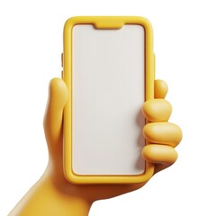 Poster - 3d icon Cartoon hand gripping modern mockup Yellow smartphone, display empty blank white screen against transparent backdrop cutout isolated on a transparent background