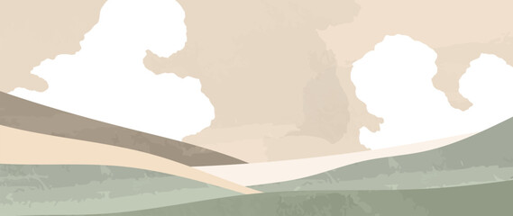 Wall Mural - minimal vector abstract landscape with clouds. mountain background with watercolor texture in earthy