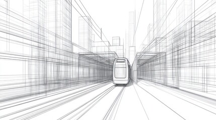 Poster - City tram architectural design, urban transit, wireframe