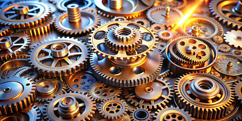 Poster - A detailed collection of metallic gears interlocked in various sizes, glowing under warm lighting. This arrangement highlights the complexity and artistry of mechanical design