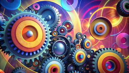 Poster - A multitude of colorful gears and cogs interlock and overlap, forming a lively abstract composition. The vivid colors and swirling patterns suggest movement and energy