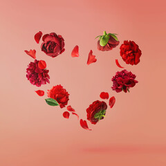 Wall Mural - beautiful red peony falling in the air in shape of heart isolated on pastel red background. high res