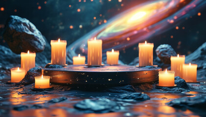 Wall Mural - Celestial product display background podium, futuristic podium, floating holographic candles, ambient light, cosmic backdrop of swirling galaxies, ad, podium platform, product presentation space