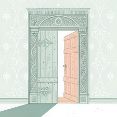 Poster - Intricately Designed Door Opening Into a Serene Interior Space. Generative AI