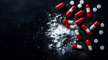 Poster - collection of red and white capsules and white tablets scattered on dark surface with powder
