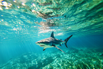 Poster - shark gracefully swims in clear blue water, showcasing its sleek form
