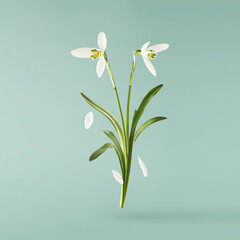Wall Mural - beautiful snowdrop flower with green leaves falling in the air isolated on turquoise background. spr