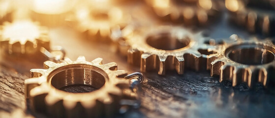 Poster - Golden gears on wooden surface with sunlight highlighting their intricate details