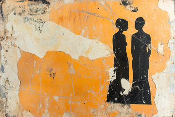 Poster - Two silhouetted women stand against textured orange and beige background