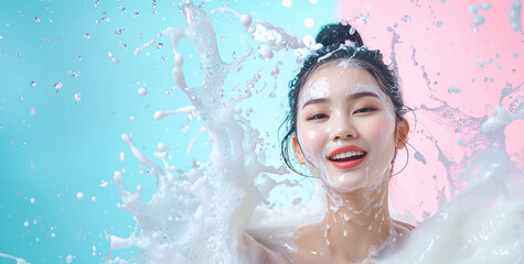 Aufkleber - woman joyfully poses with swirling milk splashes against colorful background