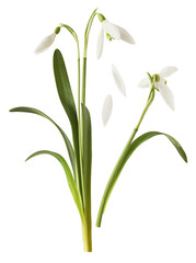 Wall Mural - beautiful snowdrop flower with green leaves falling in the air isolated on white background. spring 
