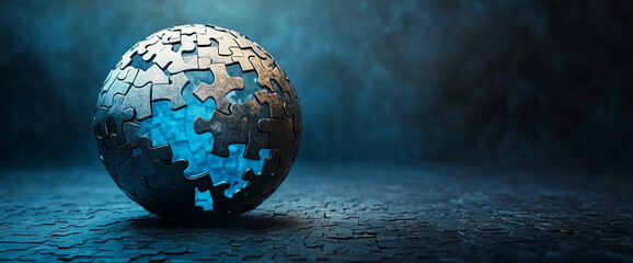 Aufkleber - Metallic puzzle sphere glowing with blue light, placed on scattered puzzle pieces, symbolizing unity, connection, and problem-solving with a futuristic and abstract design.
