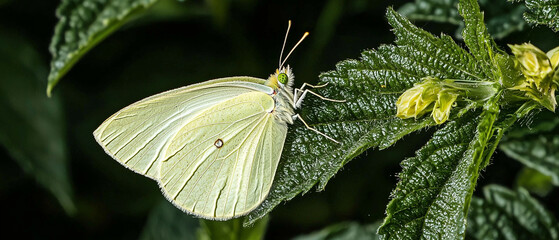 Poster - delicate butterfly rests on vibrant green leaf, showcasing nature beauty