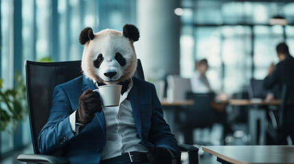 Poster - panda in formal suit enjoys coffee in modern office setting