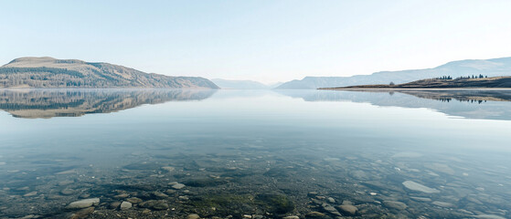 Poster - tranquil lake with mirror like water reflecting distant mountains and clear sky