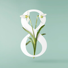 Wall Mural - beautiful snowdrop flower with green leaves falling in the air isolated on turquoise background. spr