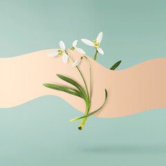 Wall Mural - beautiful snowdrop flower with green leaves falling in the air isolated on turquoise background. spr