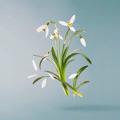 Wall Mural - beautiful snowdrop flower with green leaves falling in the air isolated on turquoise background. spr