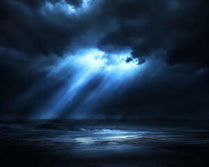 Poster - A dark, moody seascape with dramatic rays of blue light shining through the clouds above, symbolizing mystery, power, and the beauty of nature's energy.