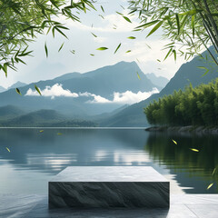 Wall Mural - Dragonboat festival product display background podium, Mountain and Water Harmony, stone textured surface, serene lake with distant misty mountains, Bamboo leaves, peaceful and poetic, ad, podium