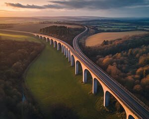 Poster - Aerial view of a large viaduct bridge crossing green fields and winding railway tracks, representing engineering, transportation, infrastructure, and scenic landscapes.