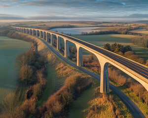 Poster - Aerial view of a viaduct bridge crossing green fields with railway tracks in the countryside, symbolizing infrastructure, transportation, engineering, and scenic rural landscapes.