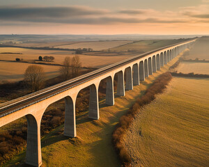 Poster - Aerial view of a long viaduct bridge crossing through rural farmland, with railway tracks in the landscape, showcasing infrastructure, engineering, and the beauty of the countryside.