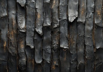 Poster - Textured dark bark surface with rough edges, contrasting tones, and natural patterns, ideal for backgrounds, nature themes, and abstract designs.