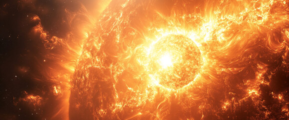 Wall Mural - close-up of a massive, glowing star with fiery solar flares in deep space, symbolizing energy, power
