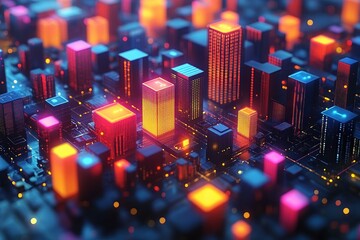 Poster - Vibrant neon cityscape showcasing futuristic graphic layouts for urban advertising