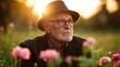 © Lazar - An elderly man, wearing glasses and a black hat, gazes thoughtfully at a field of pink flowers, bathed in warm golden sunlight, representing the beauty of contemplation.