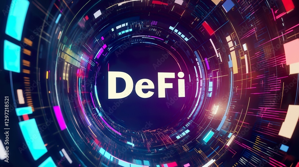 Neon cyberpunk-style DeFi text inside digital circular blockchain network interface