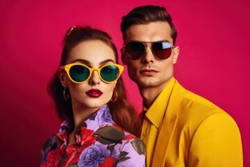 Young woman and man wearing sunglasses. Vibrant couple portrait in pop art retro style