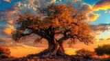 A Large Majestic Tree Stands Beneath a Colorful Sunset Sky