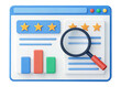 © Eing - 3D rendered concept of search engine interface featuring magnifying glass, star ratings, and colorful bar graphs. This design represents data analysis and user feedback