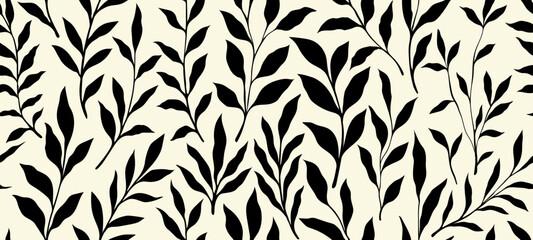 Leaves branch and Hand Drawn doodle Scribble floral plants banner, seamless pattern. Creative minimalist Abstract art background. Design wall decoration, postcard, poster and brochure