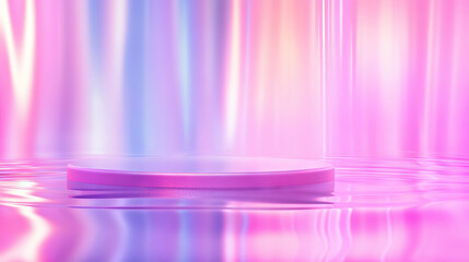 Poster - Vibrant podium surrounded by iridescent water reflection for display and design