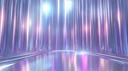 Poster - Futuristic podium with mirrored surface and iridescent curtains for event design