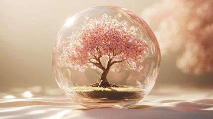 Poster - Pink cherry blossom tree encased in a glass sphere.